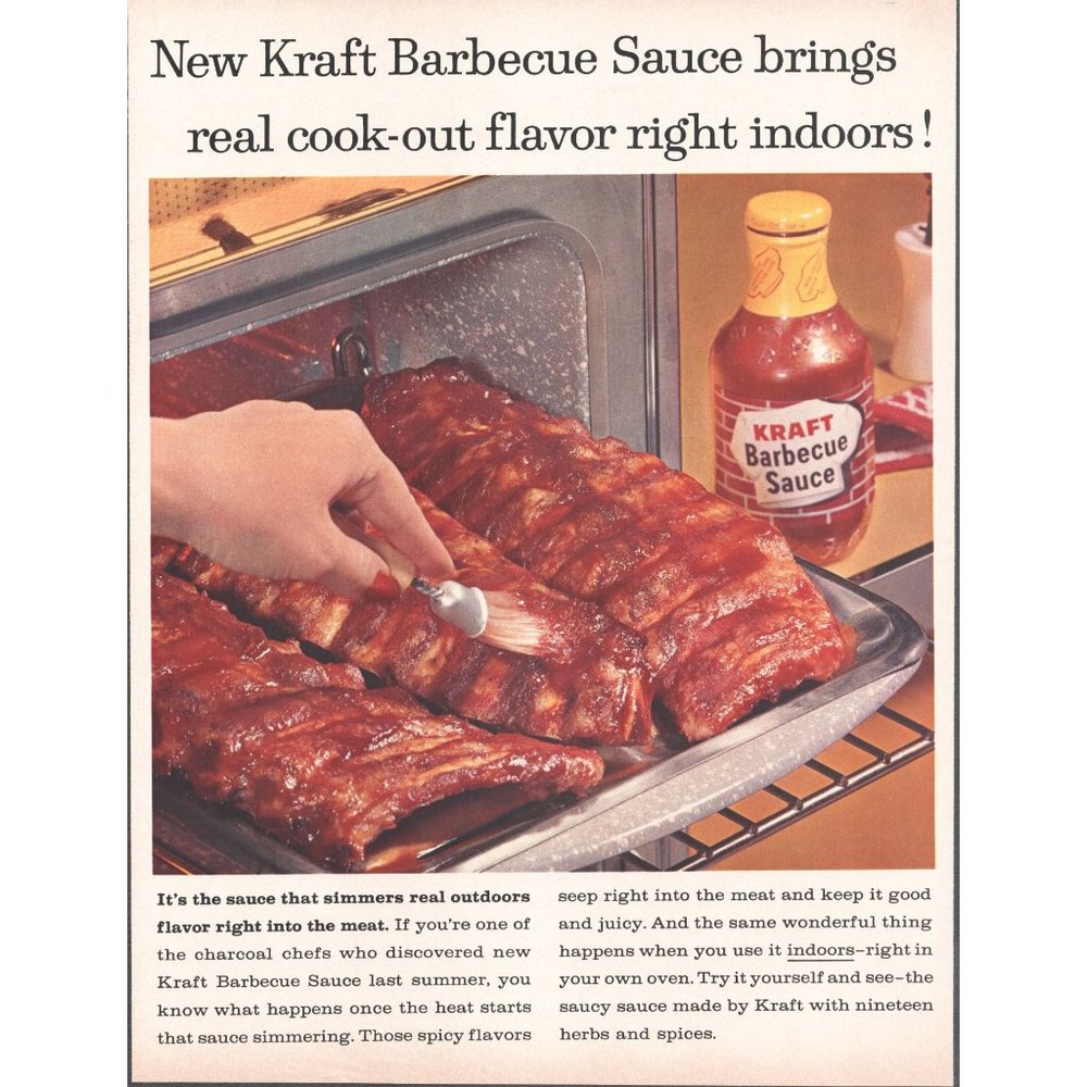 1960 Kraft Barbecue Sauce Vintage Print Ad Babyback Ribs Rack BBQ Wall Art 60s